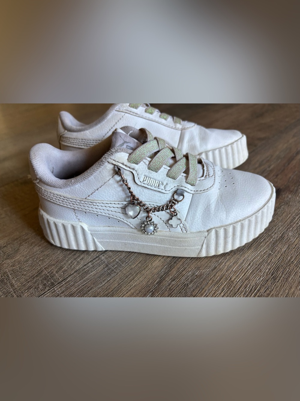 Puma Girls Size 11 White Slip-On Platform Sneakers with Charm Chain